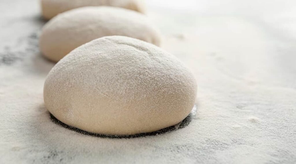 Dough balls dusted with flour, ready for pizza making