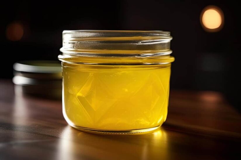 A clear jar of golden ghee on a dark, blurred background