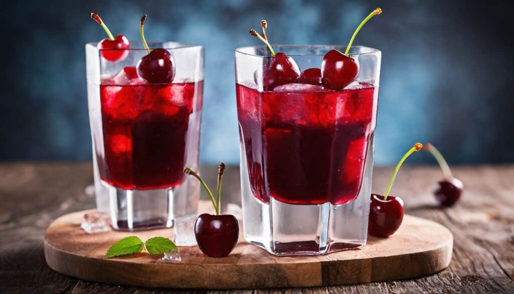 Cherry drinks on a wooden board with a smoky backdrop