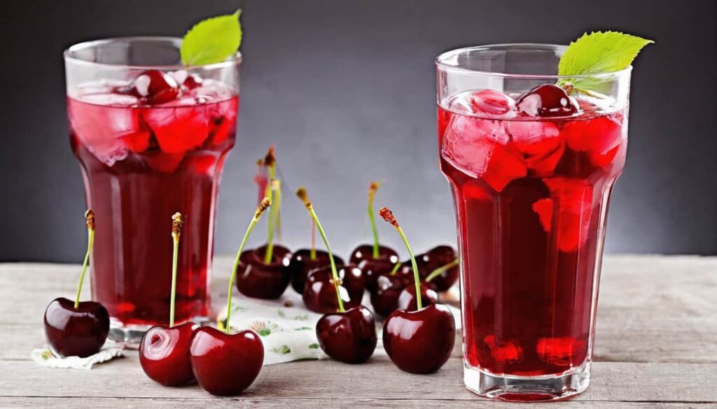 Two glasses of cherry juice with ice and fresh cherries