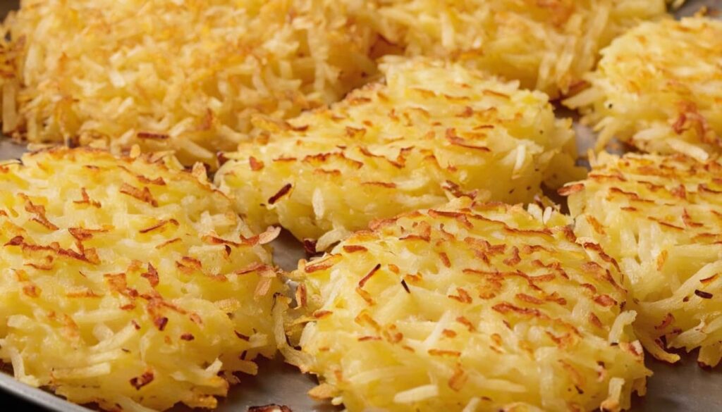 Golden, individual hash brown patties cooked in a skillet