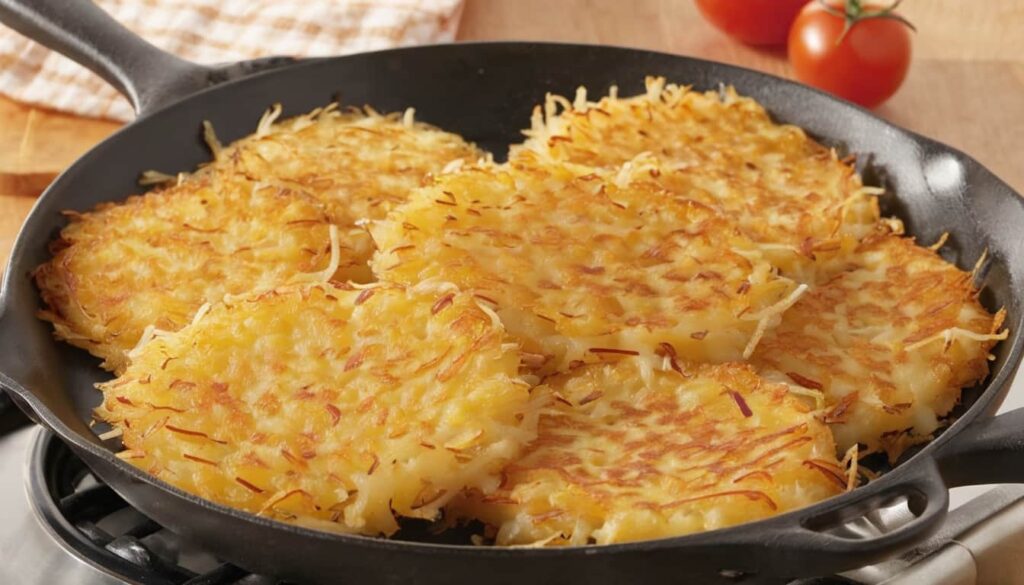 Crisp, golden hash browns in a skillet, ready to be served
