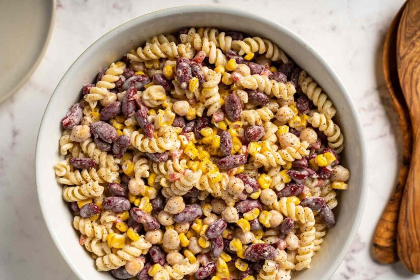 Pasta in a bowl with beans and corn